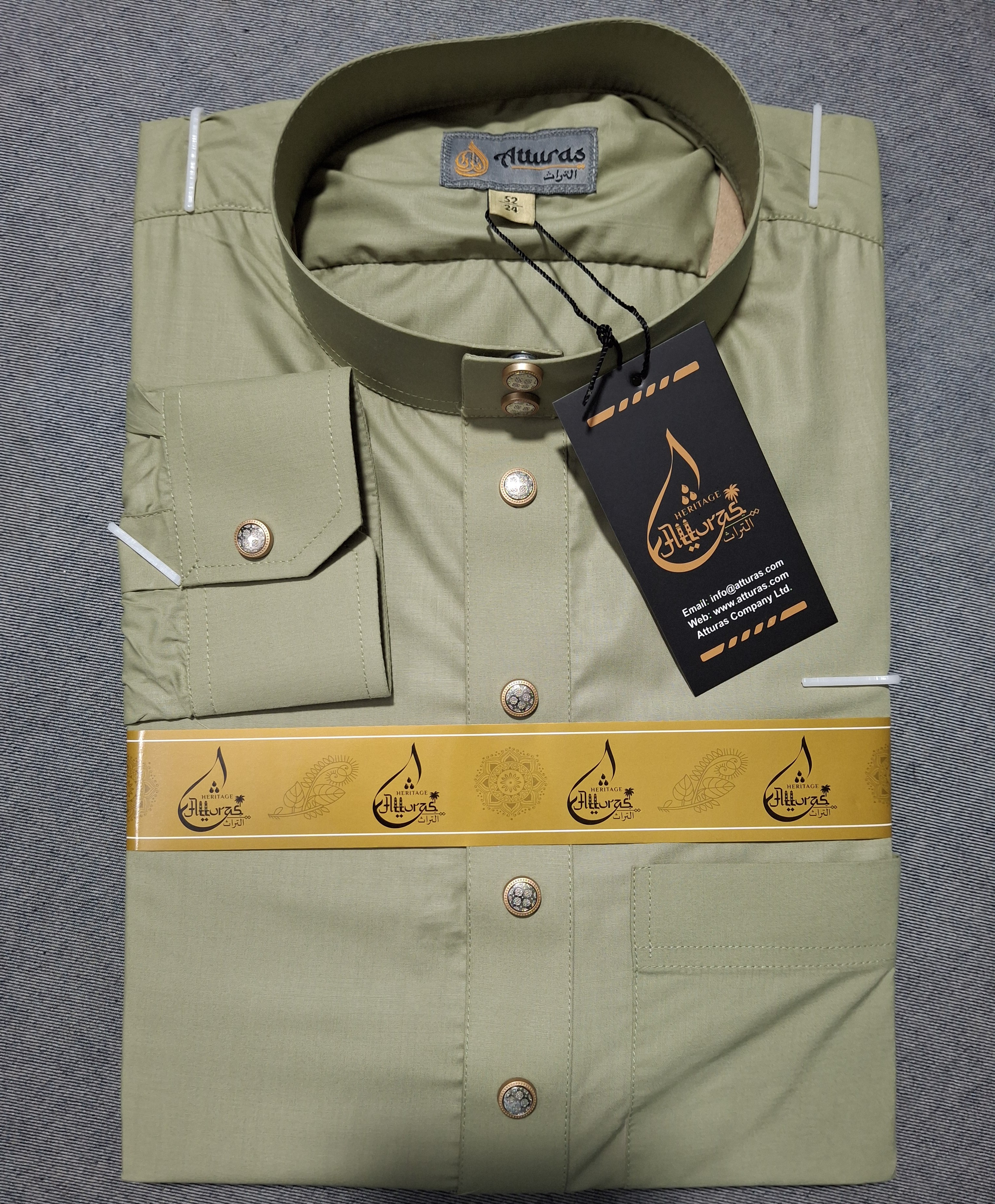 এরাবিক জুব্বাহ কফ হাতা, জলপাই কালার এবং টরে চায়না প্রেসিডেন্ট কাপড়।